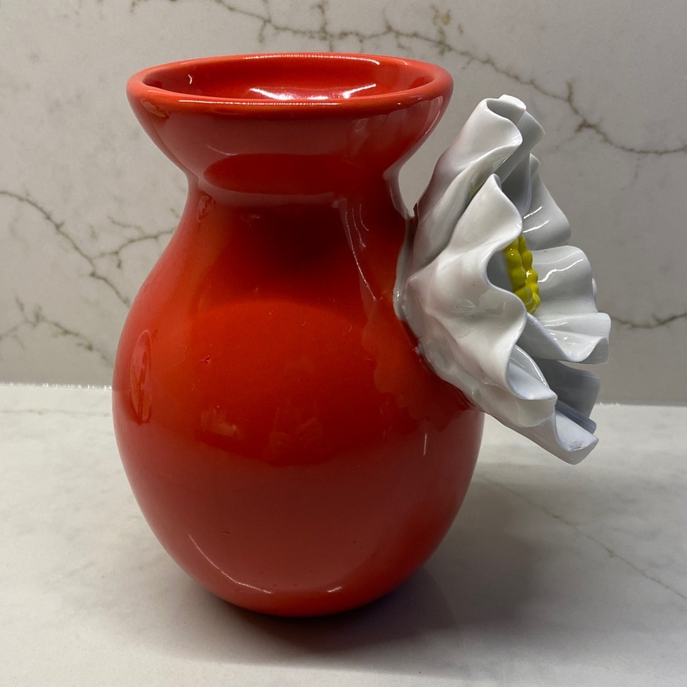 Anthropologie • Red Orange Ceramic Vase • 3D Poppy Bloom White Flower • 6” high - Picture 2 of 5